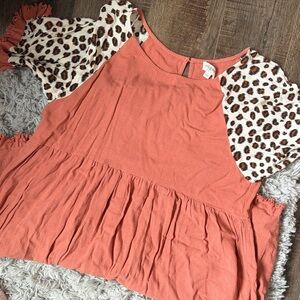 Coral Dress with Leopard Print Sleeves
